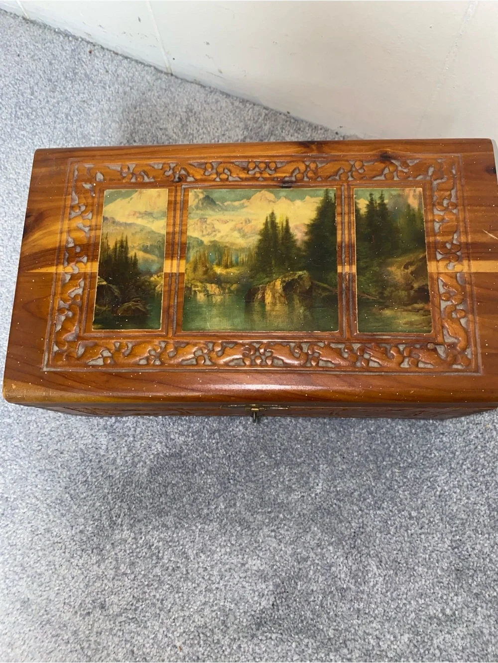 Hand-Carved Wooden Keepsake Box with Scenic Inset